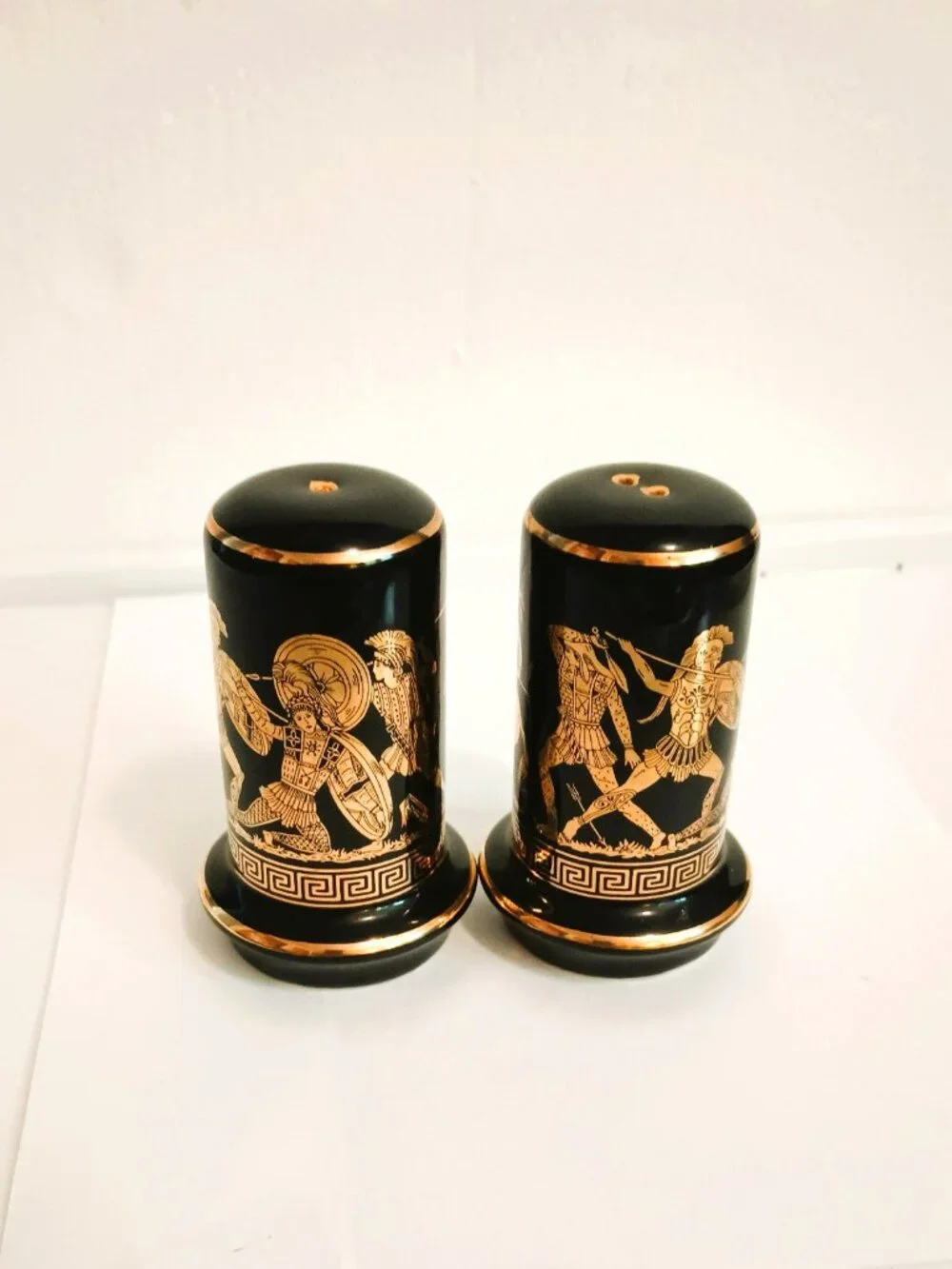 Greek Key Salt & Pepper Shakers Vintage Black with 24K Gold Trim